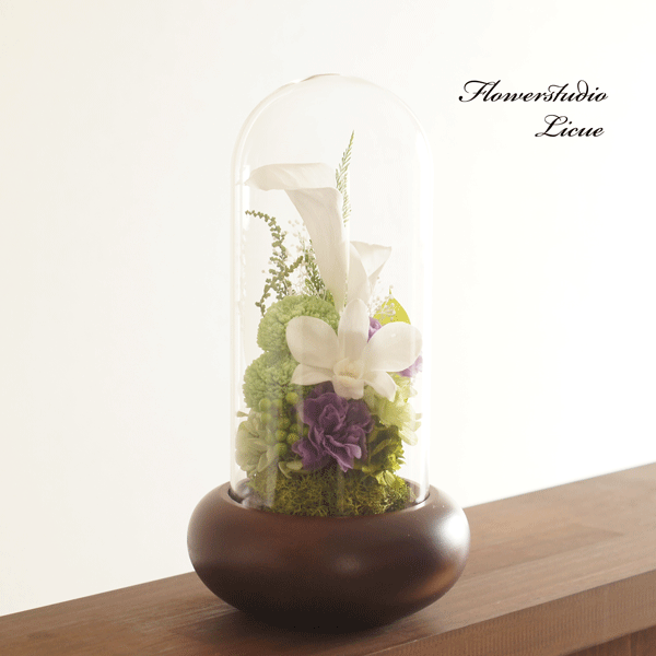 【仏花】木製ガラスドーム入り仏花　大（紫）デンファレ　全てプリザーブドフラワーを使用しています。