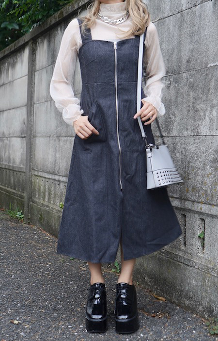 Front Zip Black Denim Cami-Onepiece ロング丈ワンピース ブラック 黒 カジュアル