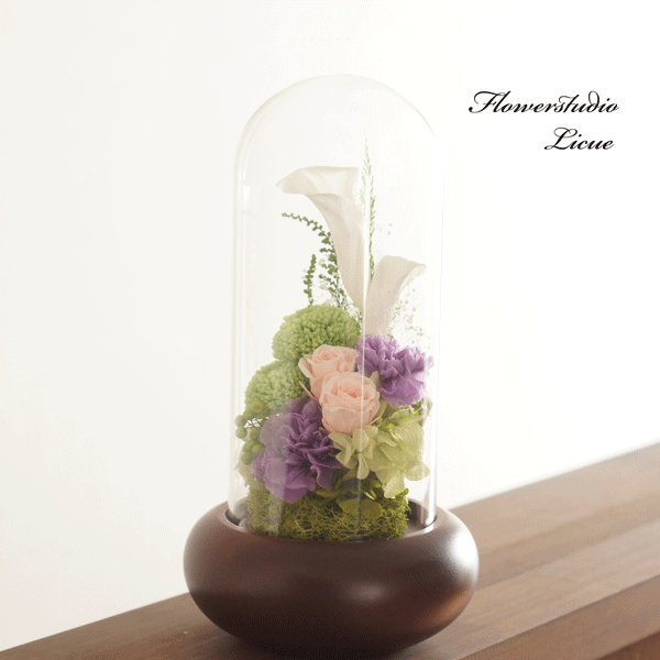 【仏花】木製ガラスドーム入り仏花　大（紫）ピンクバラ　全てプリザーブドフラワーを使用しています。