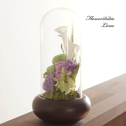 仏花ガラスドーム大対プリザーブドフラワー 仏花】木製ガラスドーム入り仏花 大（紫）紫バラ 全てプリザーブド