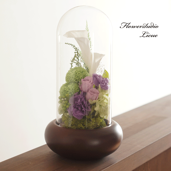 【仏花】木製ガラスドーム入り仏花　大（紫）紫バラ　全てプリザーブドフラワーを使用しています。 8,100円