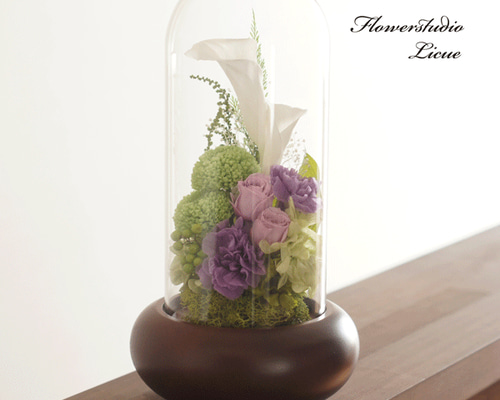 仏花】木製ガラスドーム入り仏花 大（紫）紫バラ 全てプリザーブド