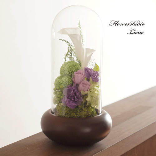 仏花】木製ガラスドーム入り仏花 大（紫）紫バラ 全てプリザーブド  