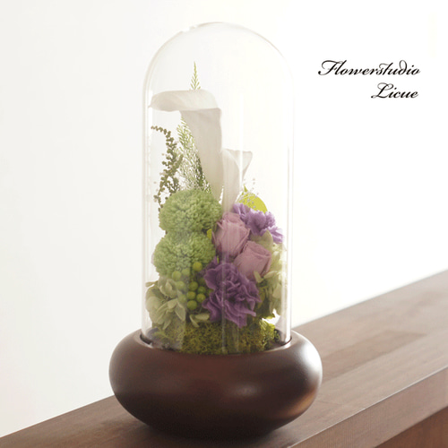 仏花】木製ガラスドーム入り仏花 大（紫）紫バラ 全てプリザーブド