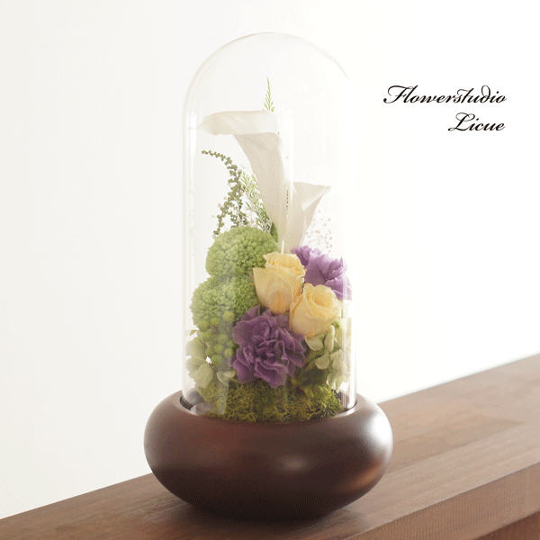 【仏花】木製ガラスドーム入り仏花　大（紫）黄バラ　全てプリザーブドフラワーを使用しています。