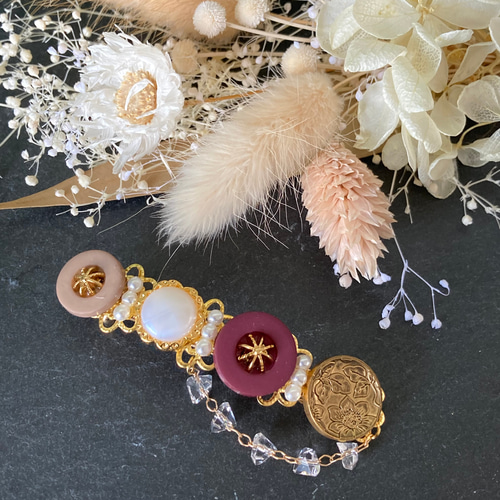 ボタン バレッタ ヘアアクセサリー ハンドメイド 花柄 ゴールド