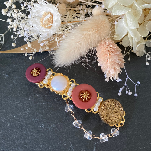 ボタン バレッタ ヘアアクセサリー ハンドメイド 花柄 ゴールド