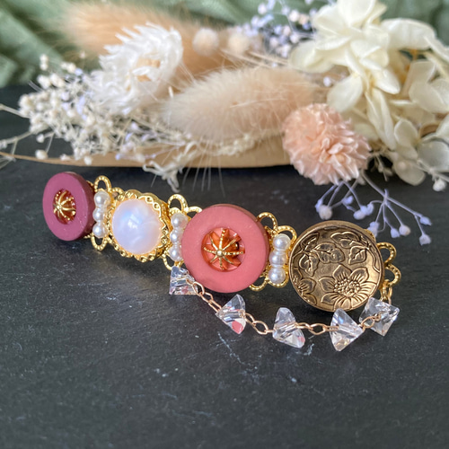 ボタン バレッタ ヘアアクセサリー ハンドメイド 花柄 ゴールド ボタン バレッタ ヘアアクセサリー ハンドメイド 花柄 ゴールド