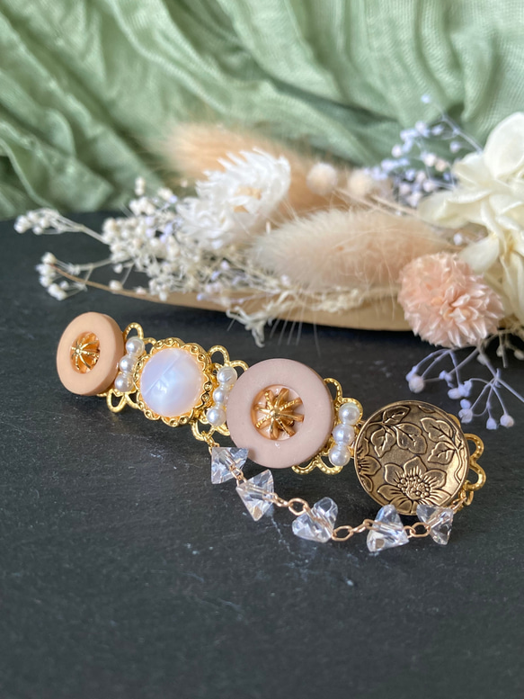 ボタン バレッタ ヘアアクセサリー ハンドメイド 花柄 ゴールド ガラス  