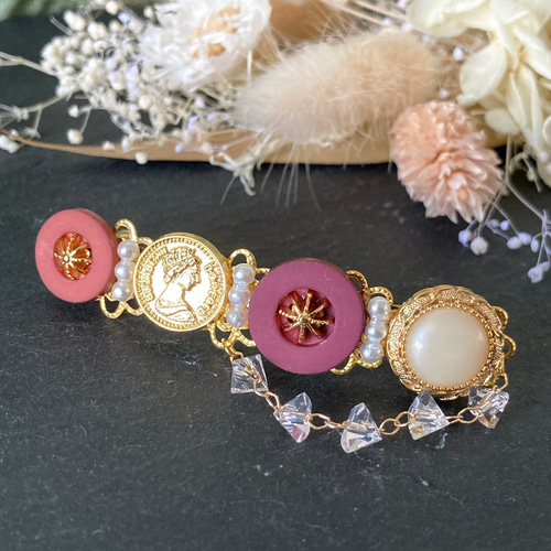 ボタン バレッタ ヘアアクセサリー ハンドメイド 花柄 ゴールド