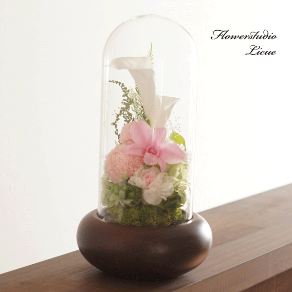 【仏花】木製ガラスドーム入り仏花　大（ピンク白）デンファレピンク　全てプリザーブドフラワーを使用しています。