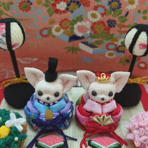 ✿クリームチワワのお雛様セット✿ ちりめん細工のひな祭り ひな人形