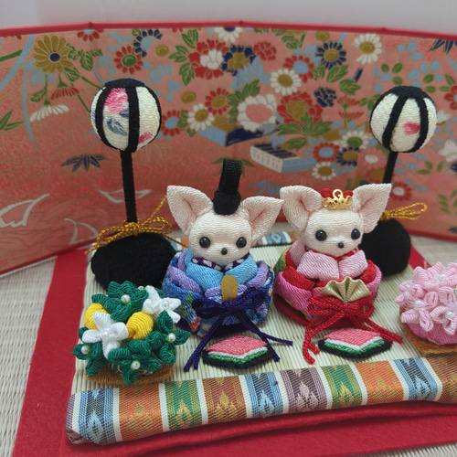 ✿クリームチワワのお雛様セット✿ ちりめん細工のひな祭り ひな人形