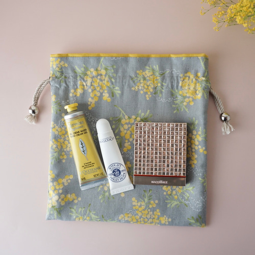 mimosa 巾着ポーチ☆選べる/マチ無・マチ有☆ミモザ グレー