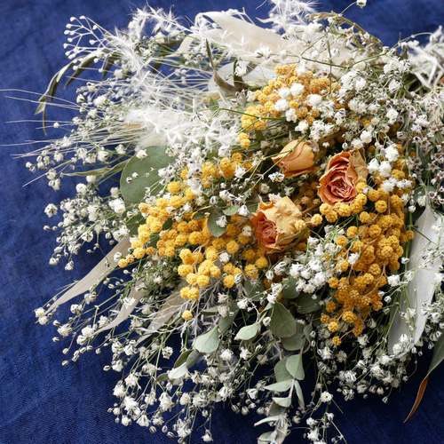 ミモザにカスミベール〇薔薇・ドライフラワースワッグ20cm 花束NO42