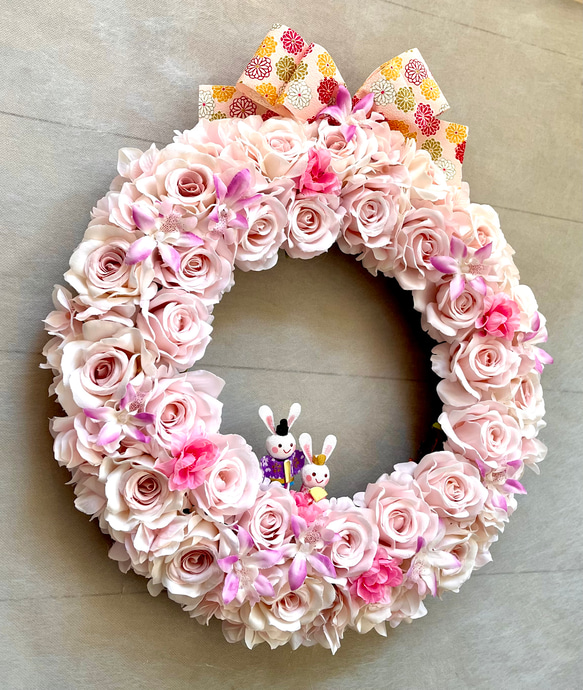 No.wreath-15541/ひな祭りリース24-(1) バラ＆うさぎ雛40x36cm/アーティフィシャルフラワー造花 13枚目の画像