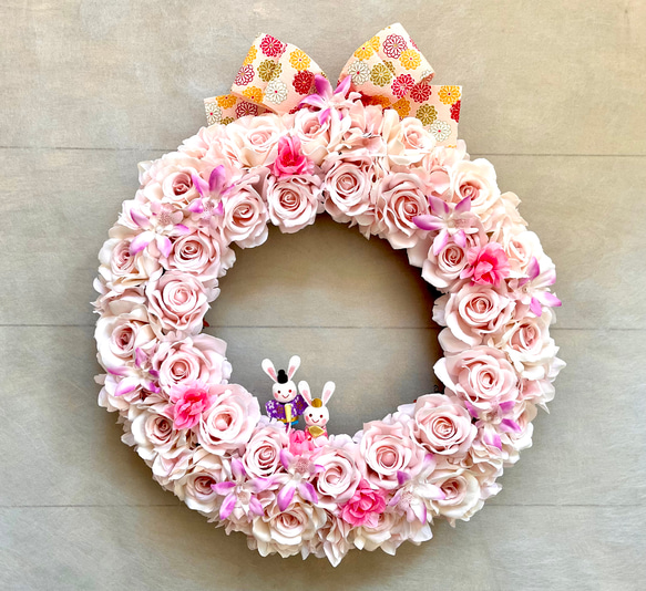 No.wreath-15541/ひな祭りリース24-(1) バラ＆うさぎ雛40x36cm/アーティフィシャルフラワー造花 11枚目の画像