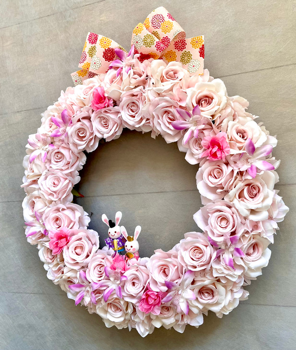 No.wreath-15541/ひな祭りリース24-(1) バラ＆うさぎ雛40x36cm/アーティフィシャルフラワー造花 12枚目の画像