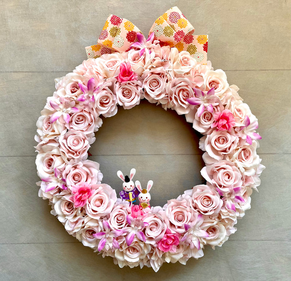 No.wreath-15541/ひな祭りリース24-(1) バラ＆うさぎ雛40x36cm/アーティフィシャルフラワー造花 18枚目の画像