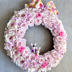 No.wreath-15541/ひな祭りリース24-(1) バラ＆うさぎ雛40x36cm/アーティフィシャルフラワー造花 2枚目の画像