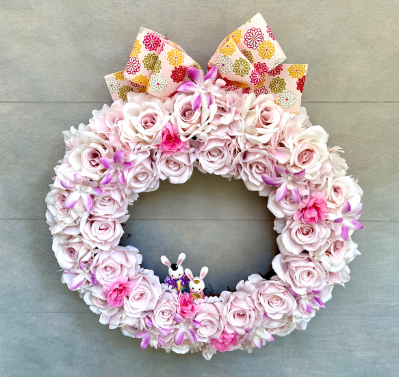 No.wreath-15541/ひな祭りリース24-(1) バラ＆うさぎ雛40x36cm/アーティフィシャルフラワー造花 5枚目の画像