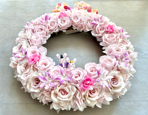 No.wreath-15541/ひな祭りリース24-(1) バラ＆うさぎ雛40x36cm/アーティフィシャルフラワー造花 4枚目の画像