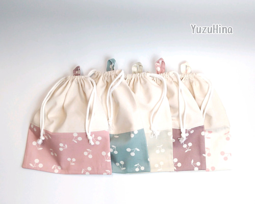 ループ&お名前タグ付き巾着(26㎝×22㎝) くすみカラーさくらんぼ ピンク