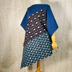 藍染め＆希少２種類の絣で裾変形チュニックＭ～Ｌ＊重ね着コーデ 3枚目の画像