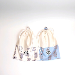 ループ&お名前タグ付き巾着(26㎝×22㎝)　おやすみコアラ　アイボリー　ブルー　巾着袋　給食袋 2枚目の画像