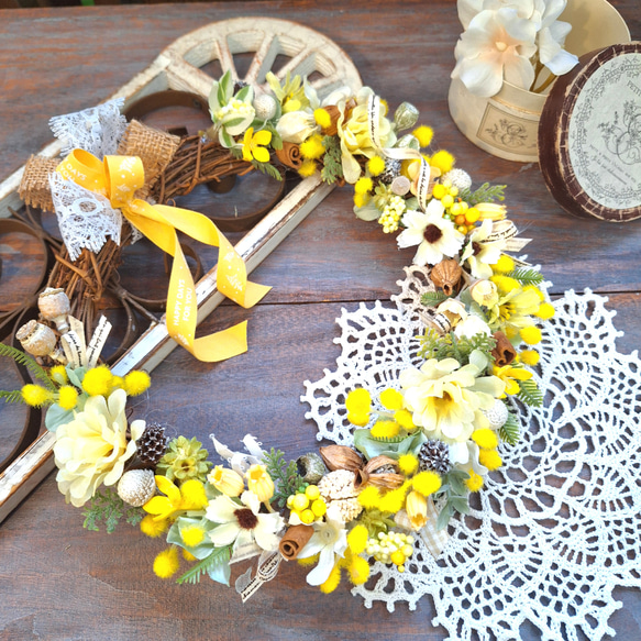 ミモザと春の花春のボンボンリースドライフラワーリース Ⅹ