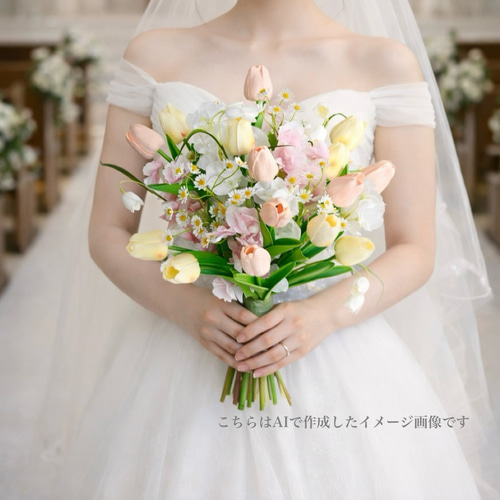 【2月末まで値下げ】春の花嫁さま❤︎チューリップブーケ&ブートニア チューリップとスイートピーのブーケ ウエディングブーケ ブートニア