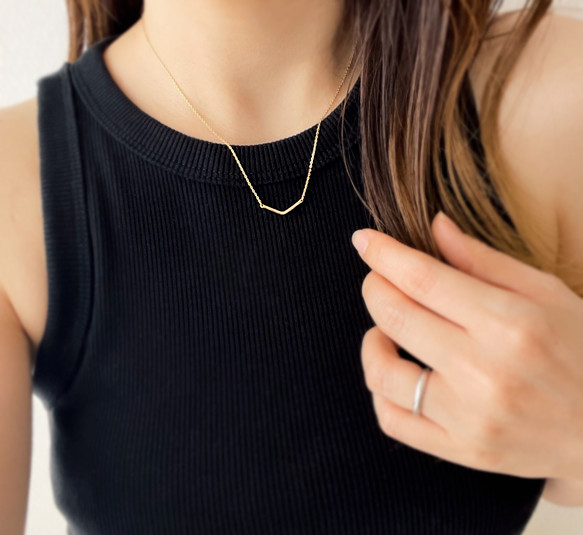 送料無料 【K18YG】星の線　V字ネックレス / 槌目 / mini  ゴールド K18　gold 18金 3枚目の画像
