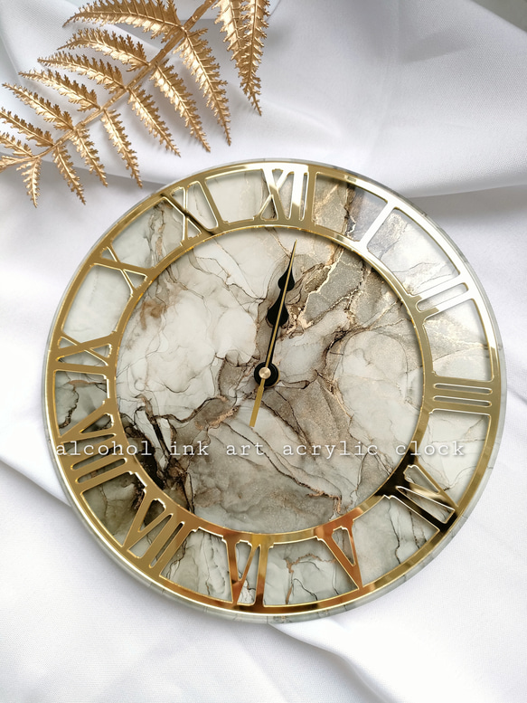 アルコールインクアートアクリル時計 ブラウン大理石柄 アルコールインクアートアクリル時計 ブラウン大理石柄