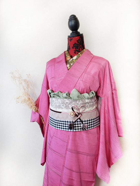 半幅帯 和風花に黒ラッセルレース / 着物 和装 黒 青 ハンドメイド 帯