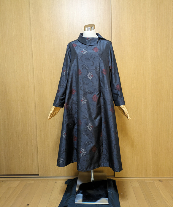 着物リメイク前ボタンワンピース 大島紬 L～LL 着物リメイク前ボタン