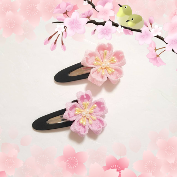 『♡桜のヘアパッチン♡春満開♡』桜色orぴんく　◎つまみ細工◎ 1枚目の画像