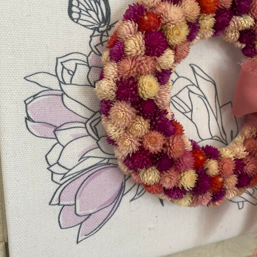 カラフルな千日紅のドライフラワーリース ドライフラワー 七色の花