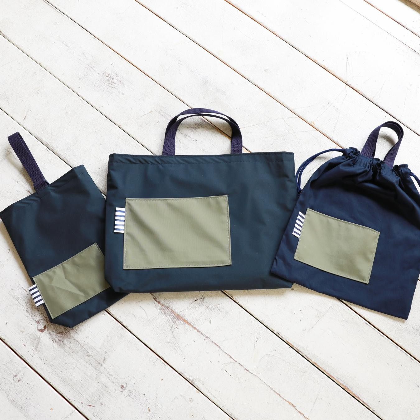 [両面撥水加工]お得な3点セット　カーキポケット×ネイビー入園入学セット