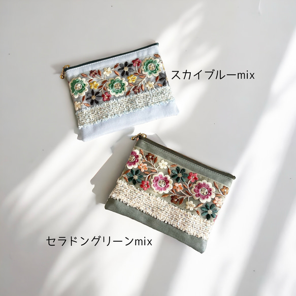 カラフルフラワー/インド刺繍×キラキラツイード/フラットポーチ・マルチポーチ〈2カラーより選べます〉 2枚目の画像