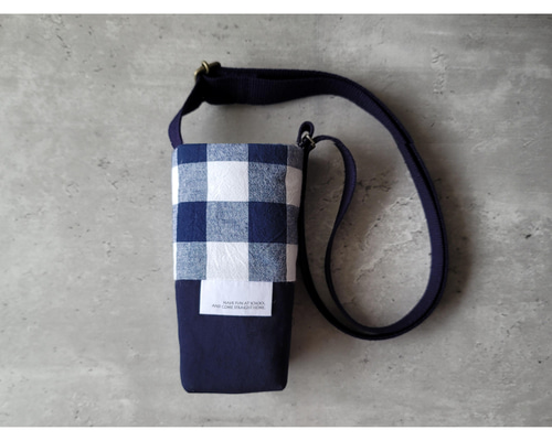 サイズオーダー／水筒カバー チェックネイビ コットン綿・水筒