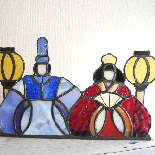 ✴︎:.｡.お雛様パネル(赤×青） ぼんぼり付き ステンドグラス ひな人形