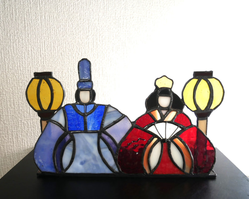 ✴︎:.｡.お雛様パネル(赤×青） ぼんぼり付き ステンドグラス ひな人形