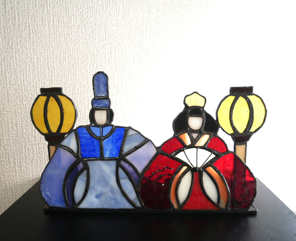 ✴︎:.｡.お雛様パネル(赤×青） ぼんぼり付き ステンドグラス ひな人形