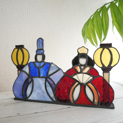 ✴︎:.｡.お雛様パネル(赤×青） ぼんぼり付き ステンドグラス ひな人形