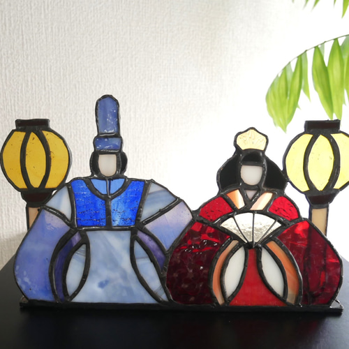 ✴︎:.｡.お雛様パネル(赤×青） ぼんぼり付き ステンドグラス ひな人形