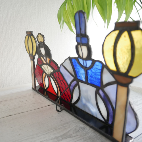 ✴︎:.｡.お雛様パネル(赤×青） ぼんぼり付き ステンドグラス ひな人形