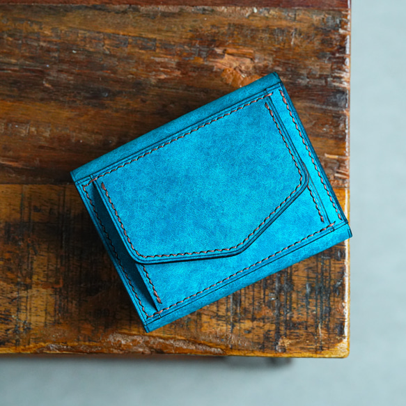 三つ折り財布  [ イタリアンレザーターコイズ ] ミニ財布 コンパクトウォレット 8枚目の画像