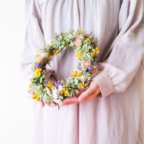 母の日】ミモザ 春の小道リース 紫陽花 オーバルリース 自然素材  