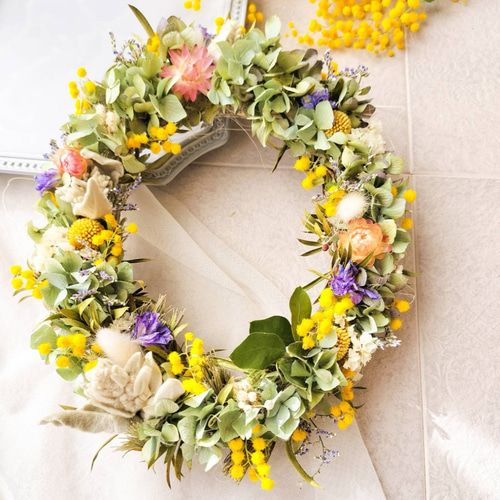 母の日】ミモザ 春の小道リース 紫陽花 オーバルリース 自然素材  