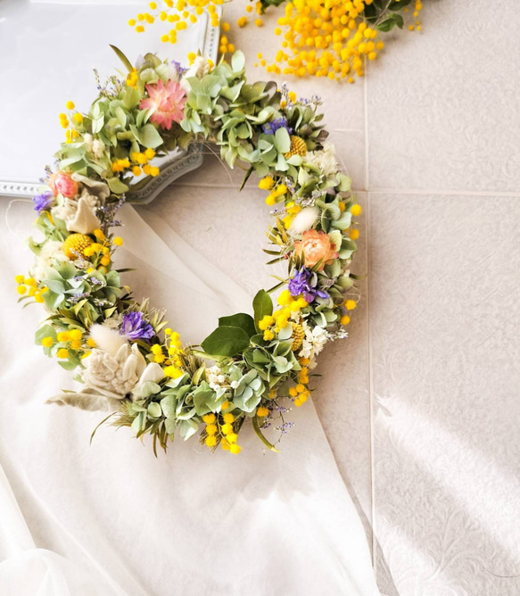 母の日】ミモザ 春の小道リース 紫陽花 オーバルリース 自然素材  